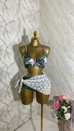 Green Floral Swimsuit with White Lace Cover-Up