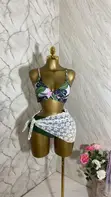 Green Floral Swimsuit with White Lace Cover-Up - 1