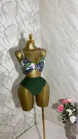 Green Floral Swimsuit with White Lace Cover-Up - 2